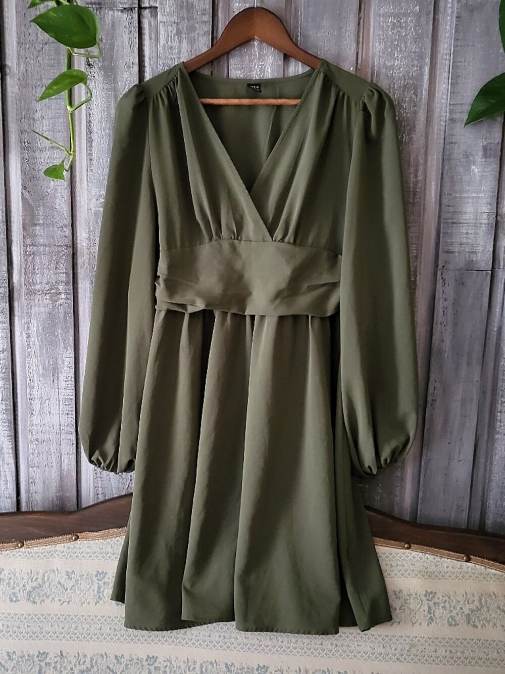 Olive Green Smocked Back Balloon Sleeve Empire Dress XL